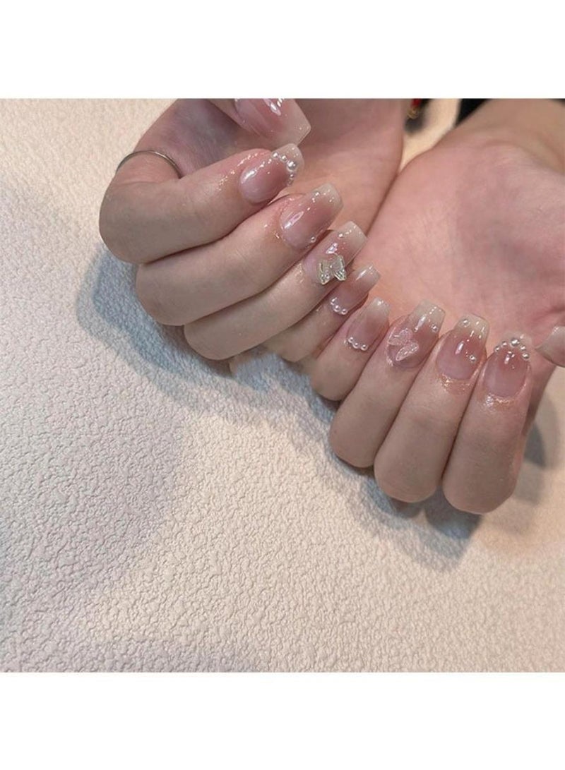 MARYA Aurora French Press On Nails, Short Square Nude Pink Glossy Artificial Nails, 3D White Butterfly and Pearl Decor Reusable Nail Kit for Women - Image 4